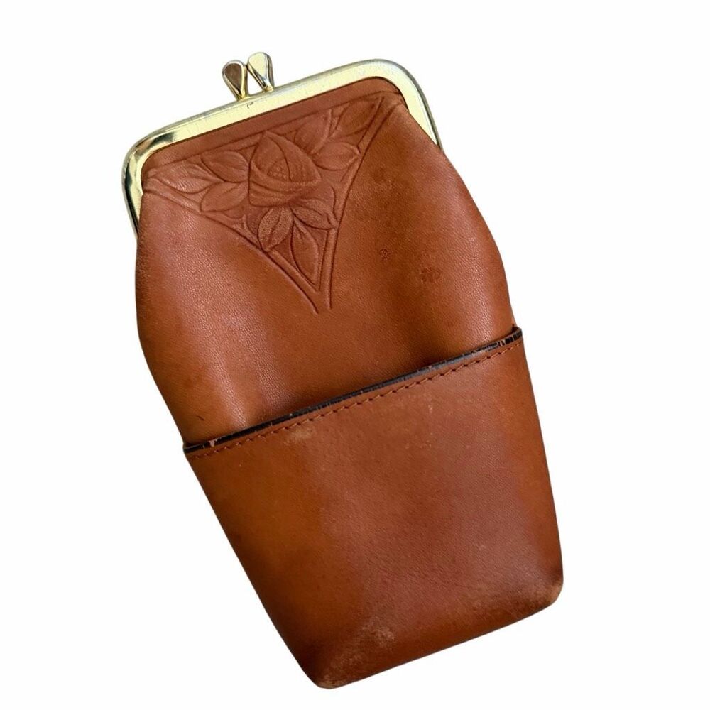 Vintage Rolfs Genuine Leather Cigarette Case Coin Purse Kiss Lock Brown Floral